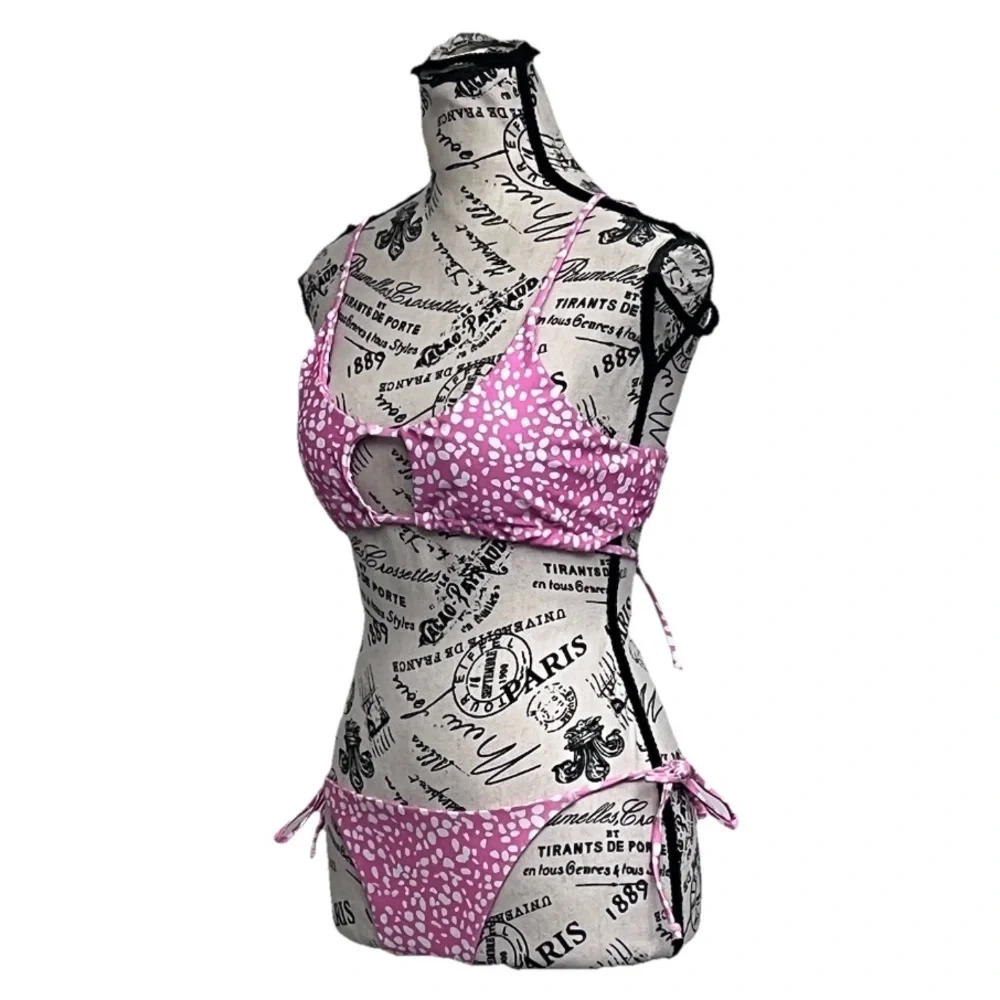 SHEIN Pink Polka Dot Bikini Set Cutout Top XL Tie Side Bottom S Y2K Coquette